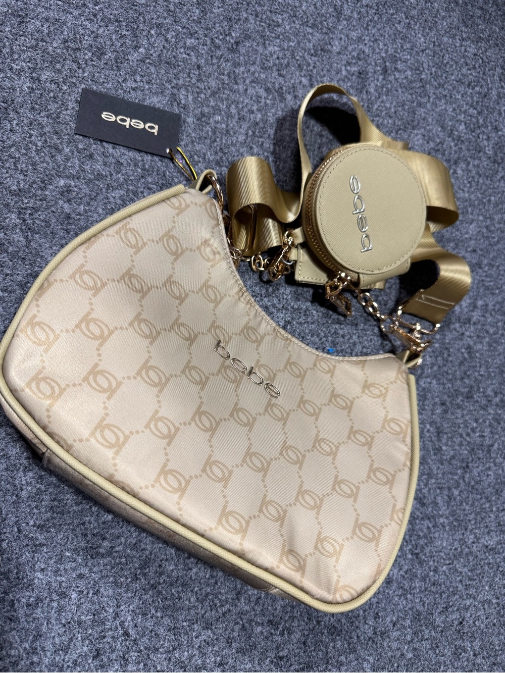 bebe Taupe-Beige Monogram Shoulder Bag with Round Coin Case